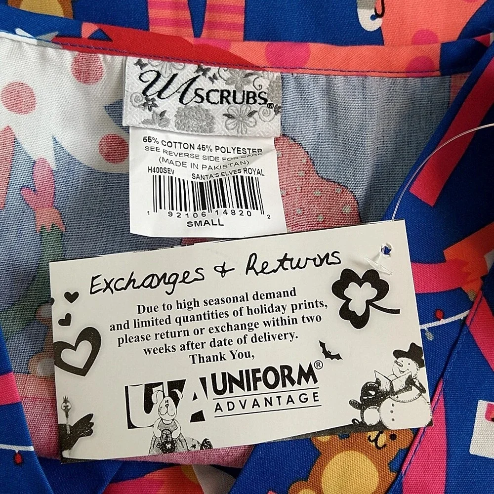 UA Scrubs Scrub Top Womens S Blue Santas Workshop Elves Christmas Holiday NEW